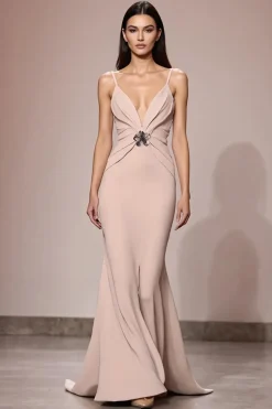 Champagne cetim Ruched Maxi Vestido de Noite