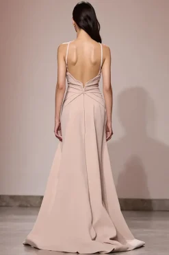 Champagne cetim Ruched Maxi Vestido de Noite