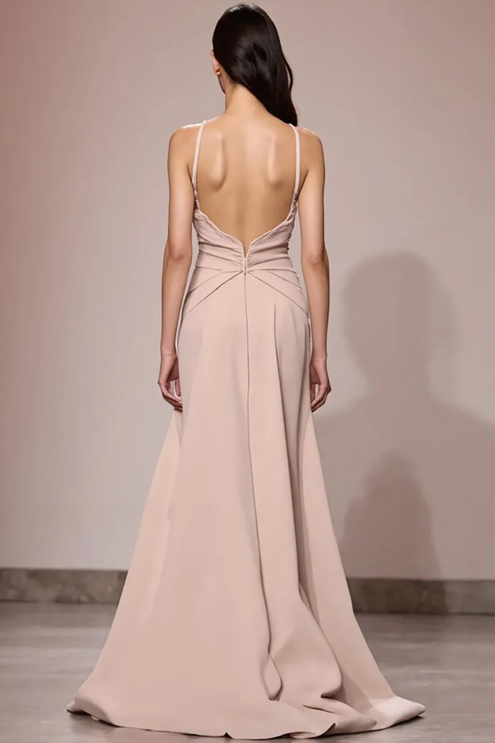 Champagne cetim Ruched Maxi Vestido de Noite