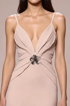 Champagne cetim Ruched Maxi Vestido de Noite