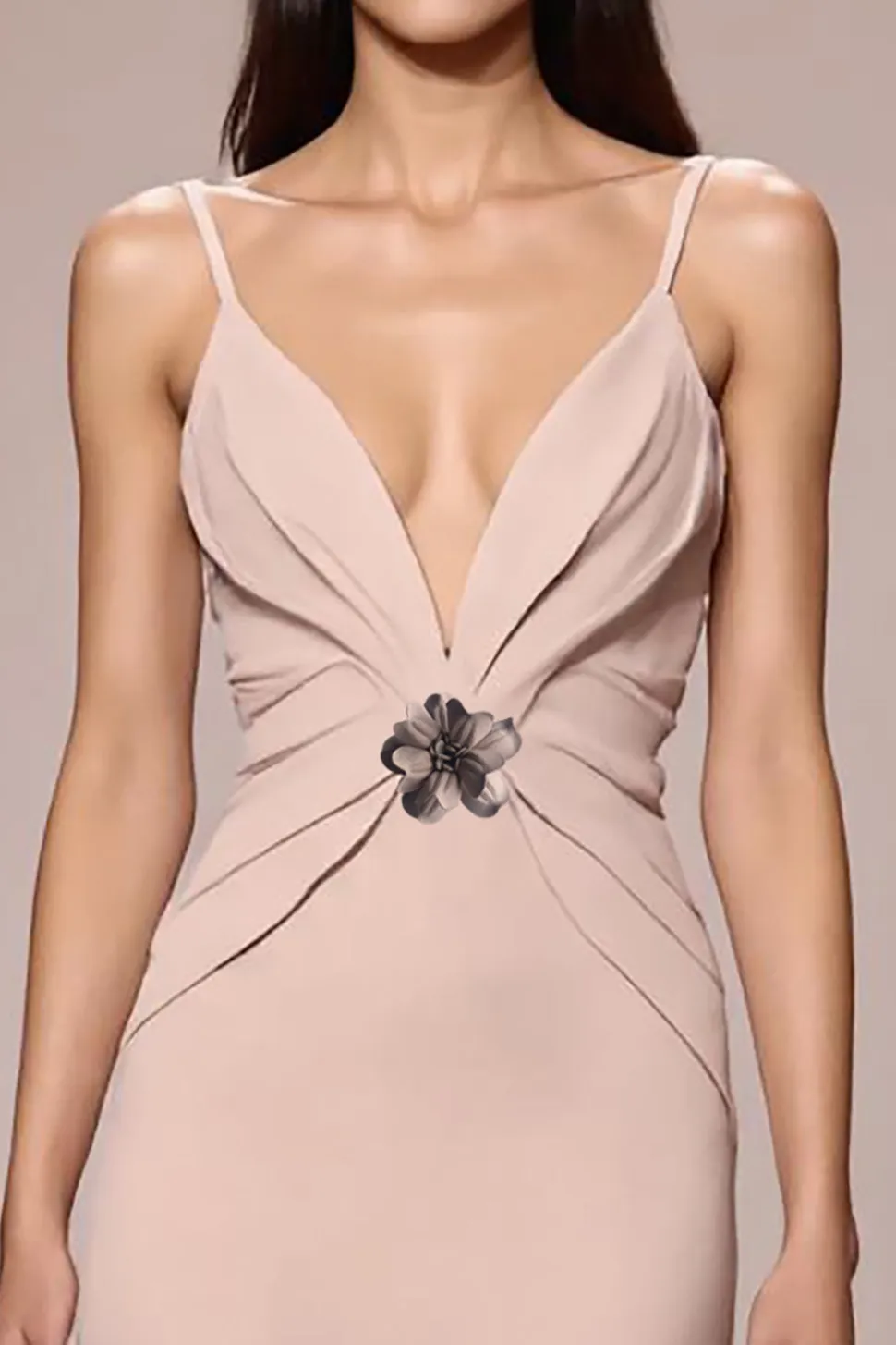 Champagne cetim Ruched Maxi Vestido de Noite