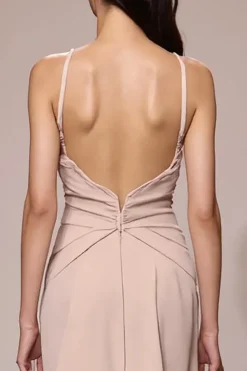 Champagne cetim Ruched Maxi Vestido de Noite