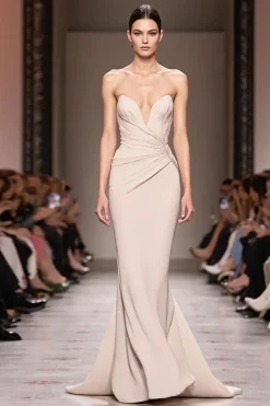 Champagne Cetim Sereia Strapless Ruched Long Evening Dress