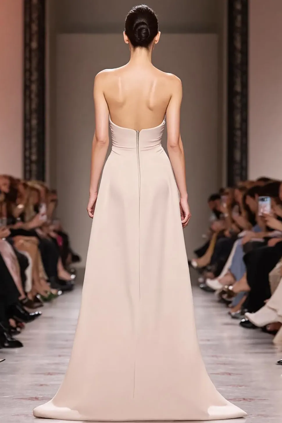 Champagne Cetim Sereia Strapless Ruched Long Evening Dress