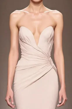 Champagne Cetim Sereia Strapless Ruched Long Evening Dress