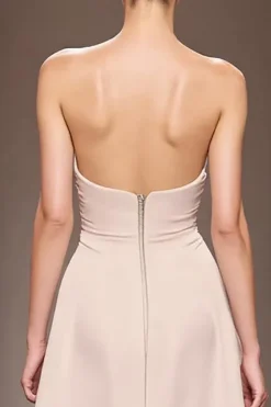 Champagne Cetim Sereia Strapless Ruched Long Evening Dress