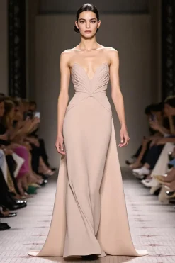 Champagne Cetim Strapless Ruched Maxi Vestido de Noite