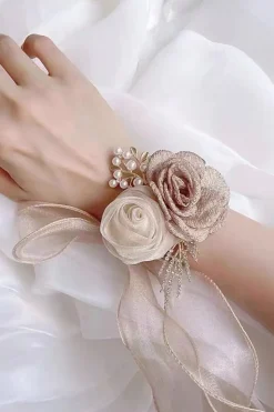 Champagne Duas Flores Corsage Pulso com Fita