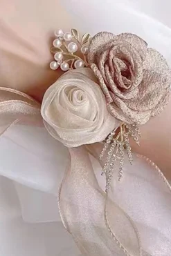 Champagne Duas Flores Corsage Pulso com Fita
