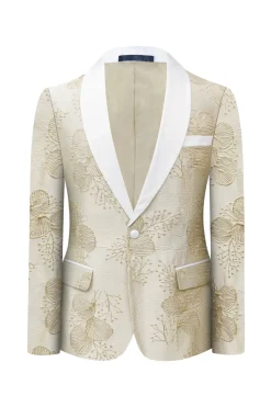 Champagne Floral Xaile Impresso Lapela Um Botão 2 Peças Homens Ternos