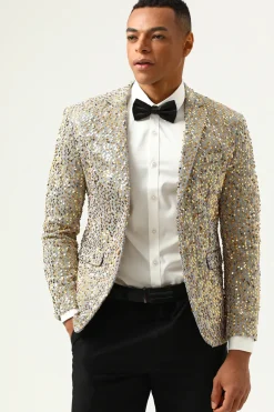 Champagne Lantejoulas Blazer de Festa Lapela Entalhada