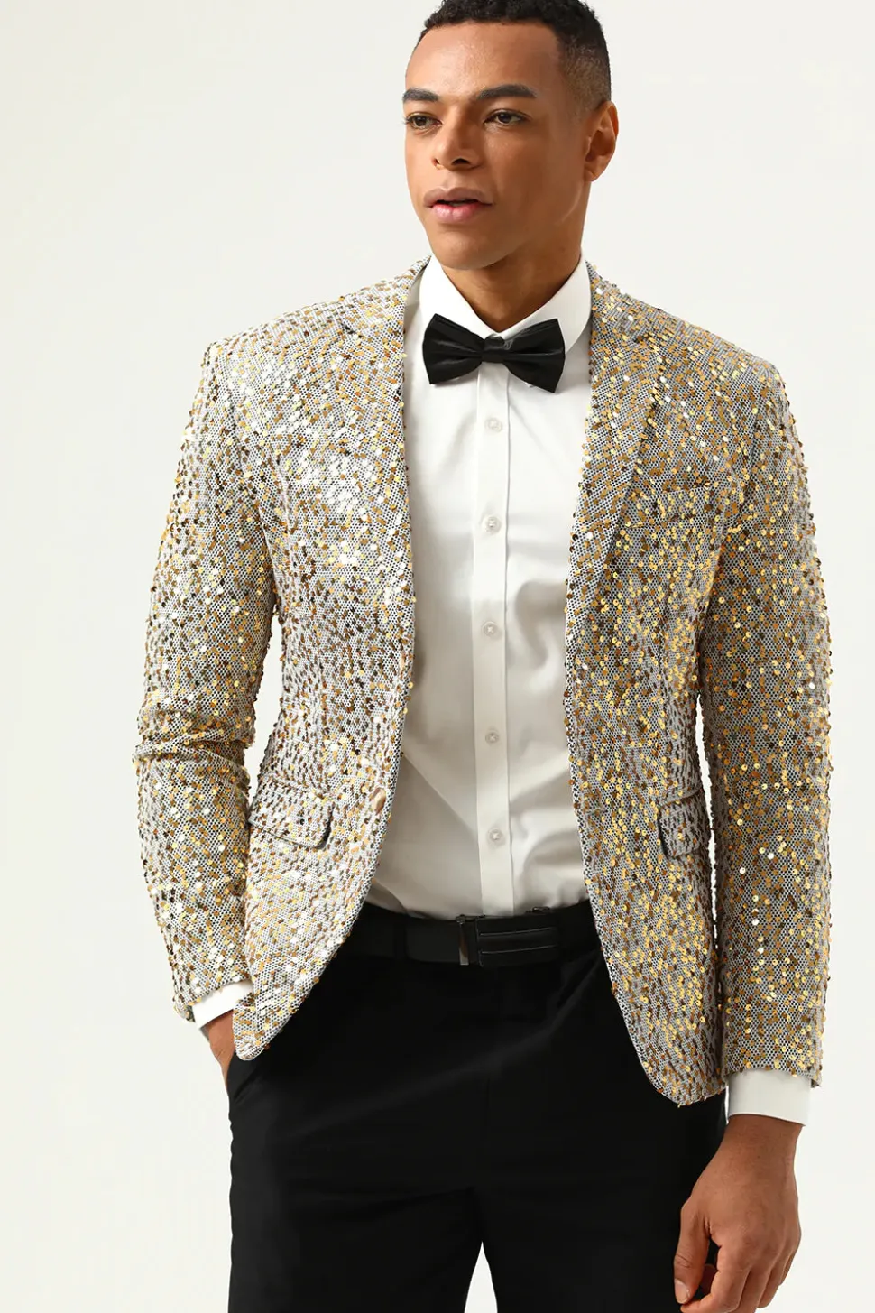 Champagne Lantejoulas Blazer de Festa Lapela Entalhada