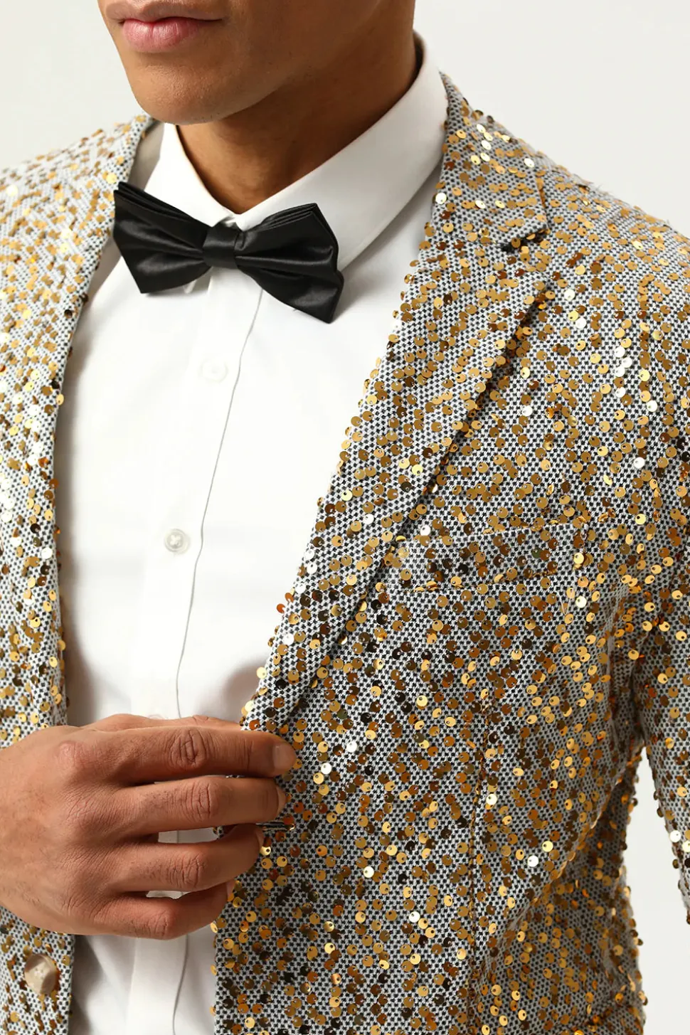 Champagne Lantejoulas Blazer de Festa Lapela Entalhada
