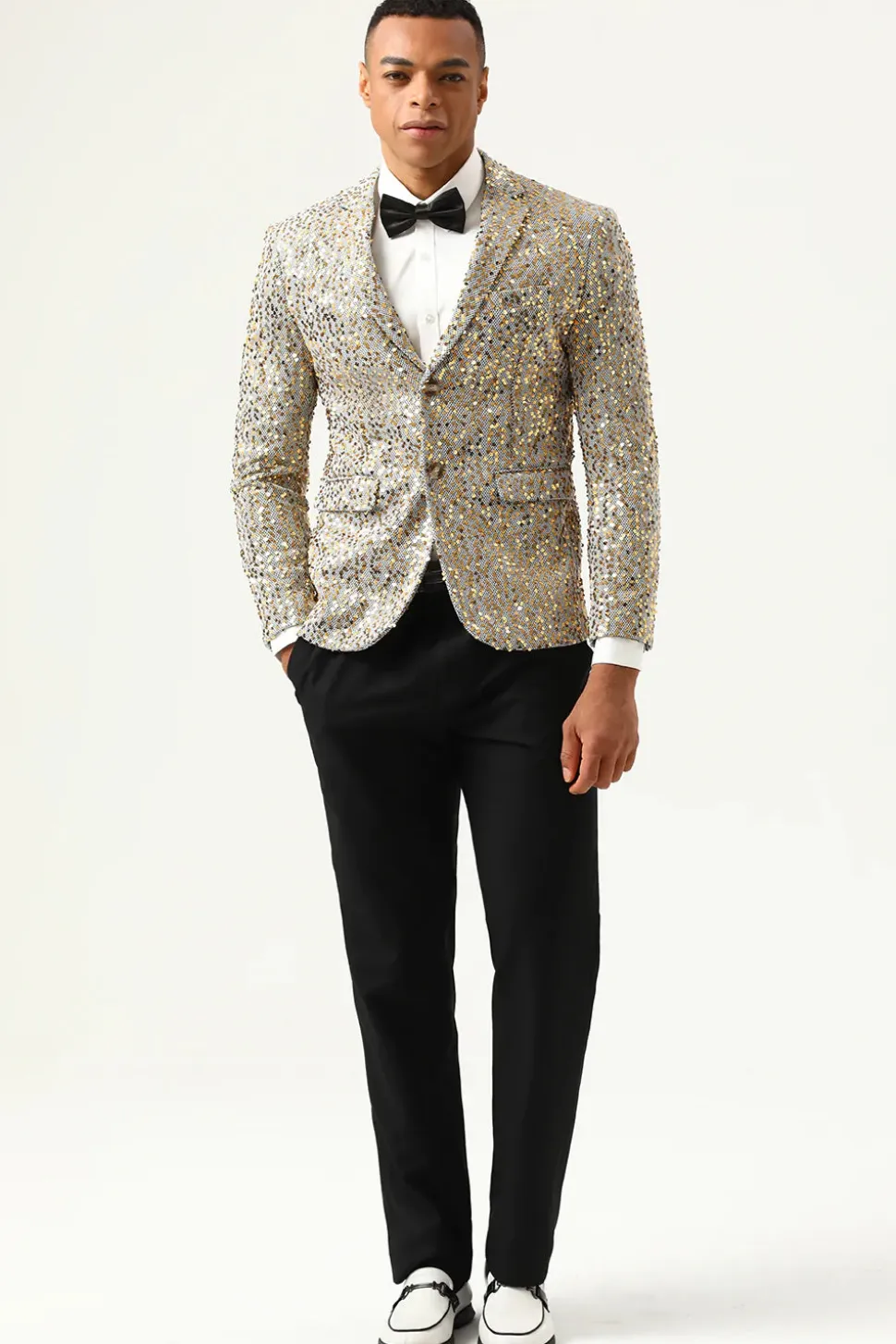 Champagne Lantejoulas Blazer de Festa Lapela Entalhada