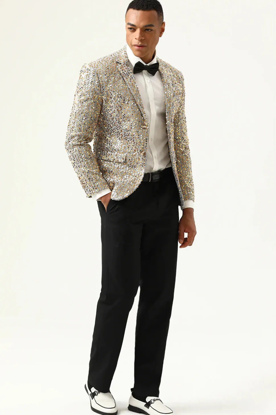 Champagne Lantejoulas Blazer de Festa Lapela Entalhada