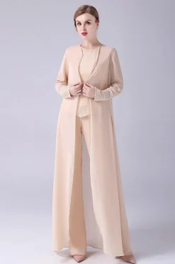 Champagne Long Coat 3 Peças Mãe da Noiva Pant Suits