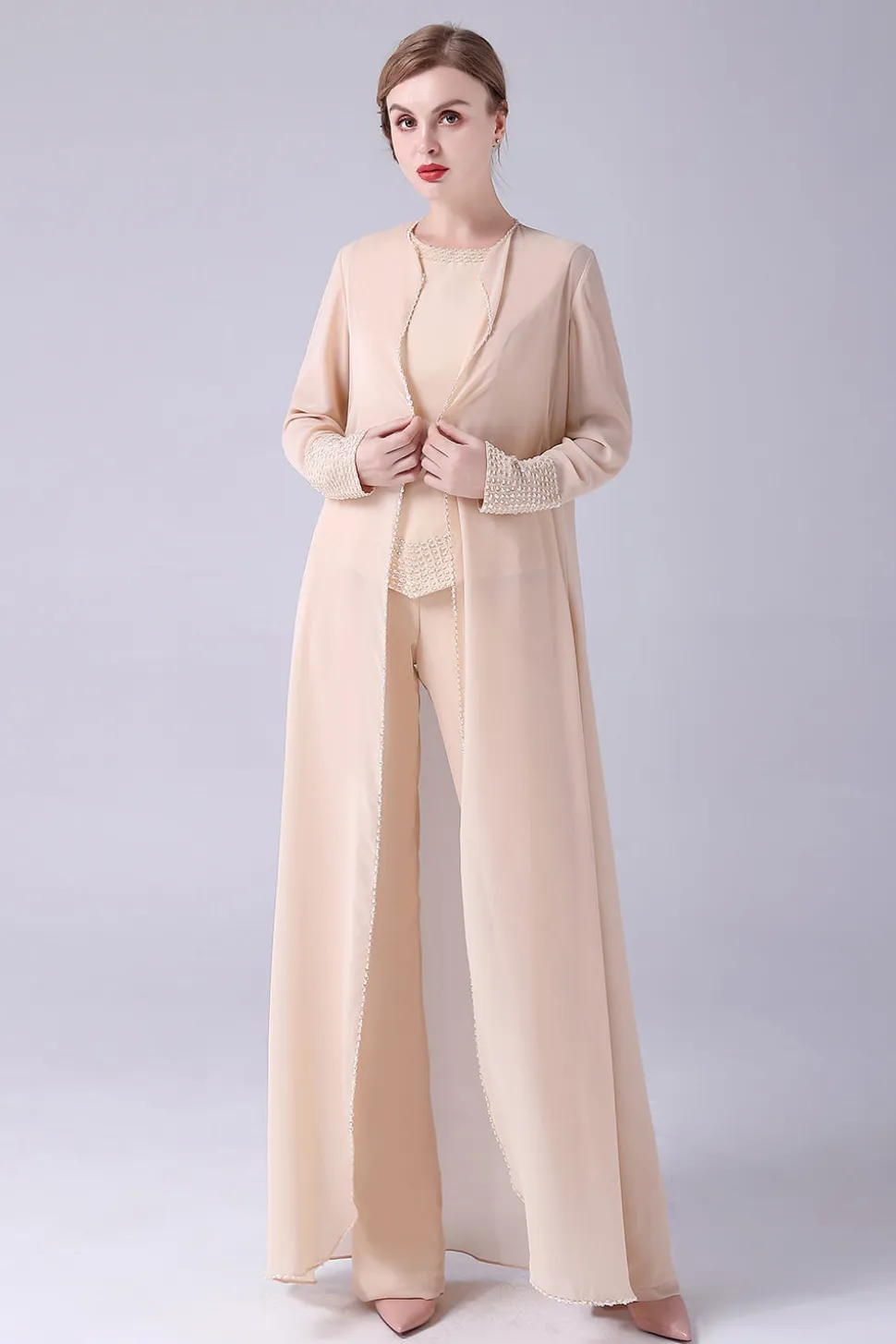 Champagne Long Coat 3 Peças Mãe da Noiva Pant Suits