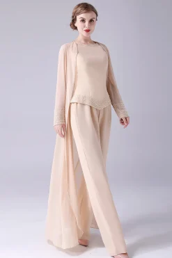 Champagne Long Coat 3 Peças Mãe da Noiva Pant Suits