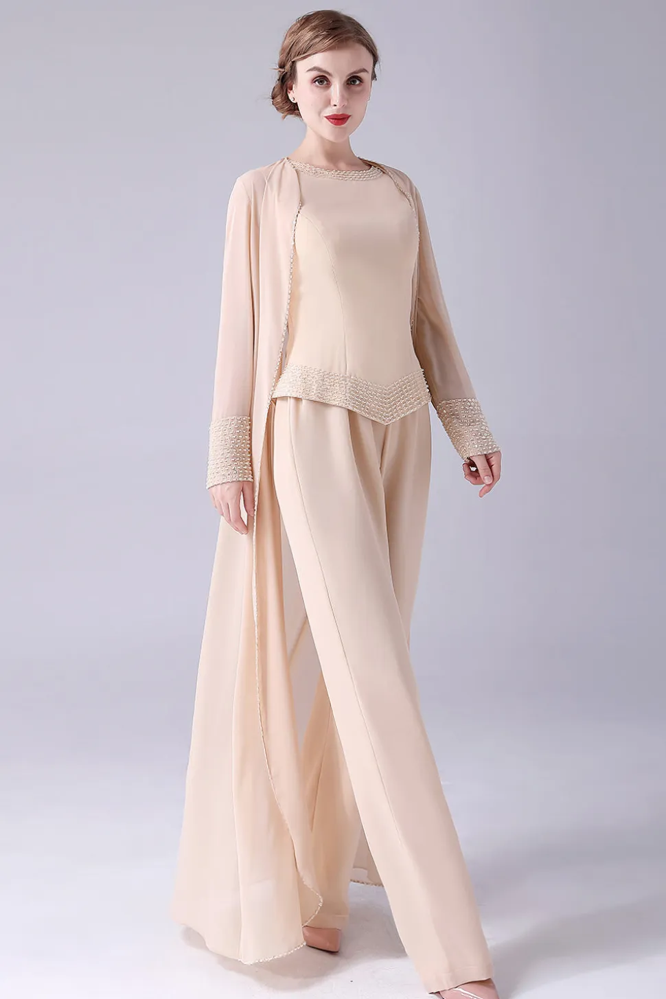 Champagne Long Coat 3 Peças Mãe da Noiva Pant Suits