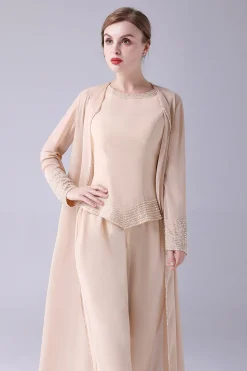Champagne Long Coat 3 Peças Mãe da Noiva Pant Suits