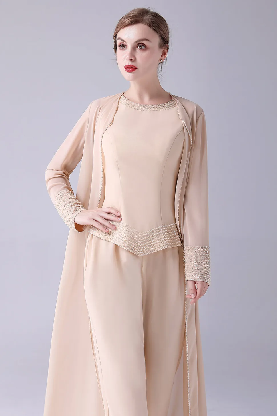 Champagne Long Coat 3 Peças Mãe da Noiva Pant Suits