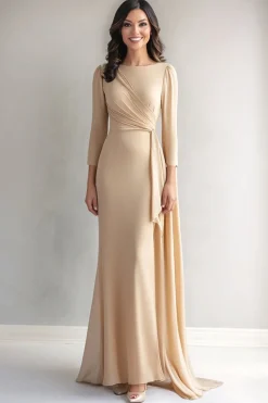Champagne manga comprida Ruched mãe do vestido de noiva