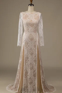 Champagne mangas compridas renda varrer trem vestido de noiva