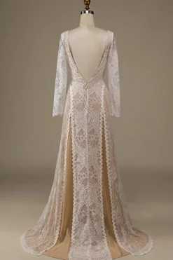 Champagne mangas compridas renda varrer trem vestido de noiva