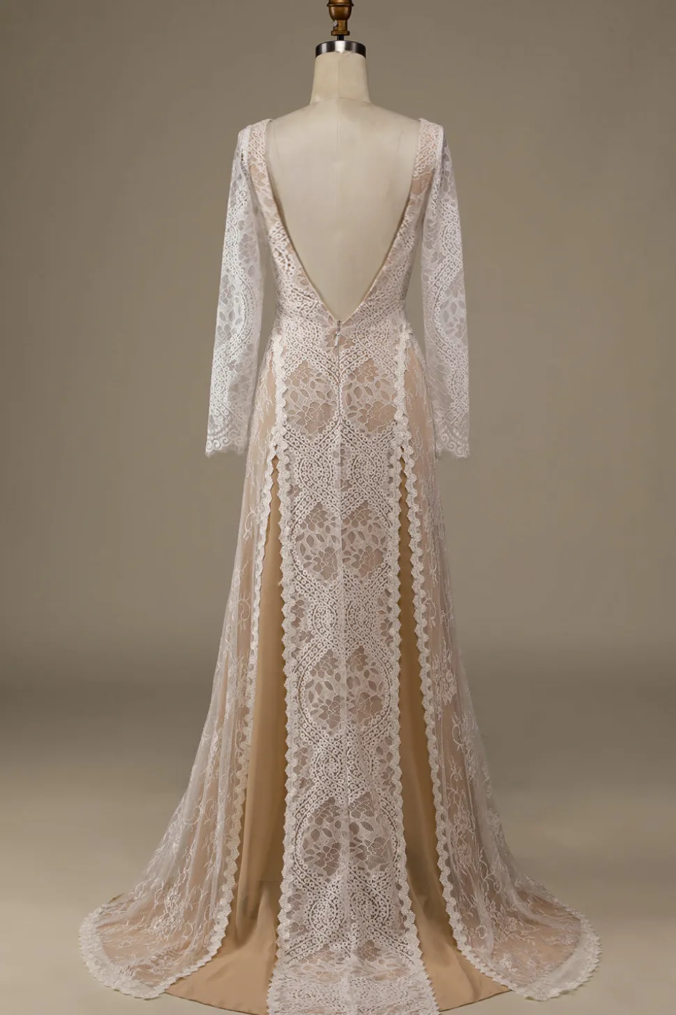 Champagne mangas compridas renda varrer trem vestido de noiva