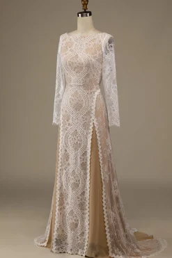 Champagne mangas compridas renda varrer trem vestido de noiva