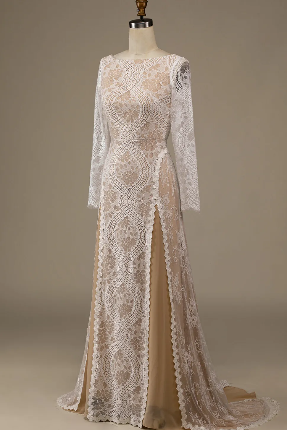 Champagne mangas compridas renda varrer trem vestido de noiva