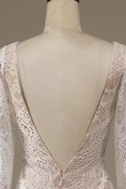 Champagne mangas compridas renda varrer trem vestido de noiva