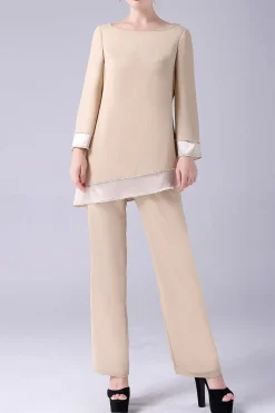 Champagne Mangas Longas 2 Peças Mãe da Noiva Pant Suits
