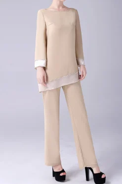 Champagne Mangas Longas 2 Peças Mãe da Noiva Pant Suits