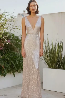 Champagne Metalizado Deep V-neck Bainha Tornozelo Comprimento Vestido Formal