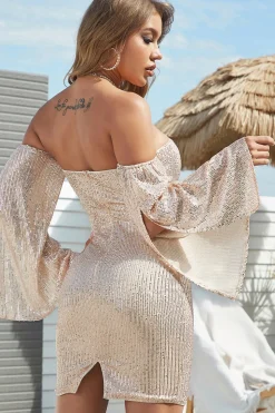 Champagne off ombro bodycon sequins vestido cocktail