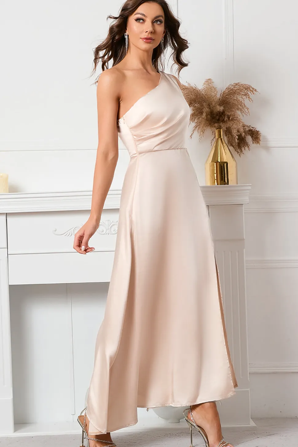 Champagne One Ombro Sem Mangas Vestido de baile