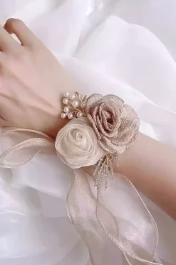 Champagne Pearl Prom Corsage Pulso para casamento