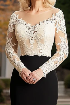 Champagne Preto Sereia Ilusão Pescoço Mangas Longas Mãe da Noiva Vestido com Apliques