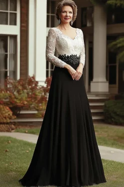 Champagne Preto Uma Linha V Pescoço 3/4 Mangas Renda Vestido Longo Mãe