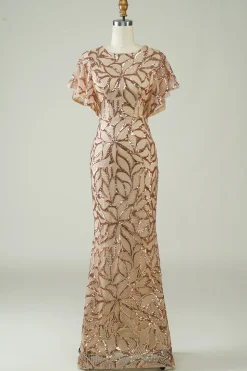 Champagne Sequins vestido longo baile de formatura com fenda para trás