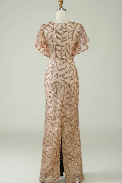 Champagne Sequins vestido longo baile de formatura com fenda para trás
