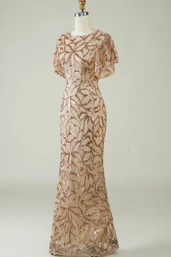 Champagne Sequins vestido longo baile de formatura com fenda para trás