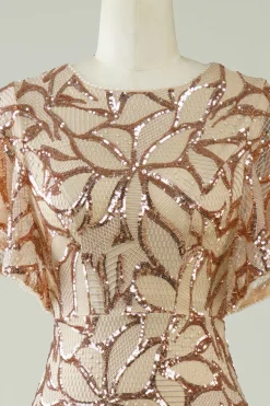 Champagne Sequins vestido longo baile de formatura com fenda para trás