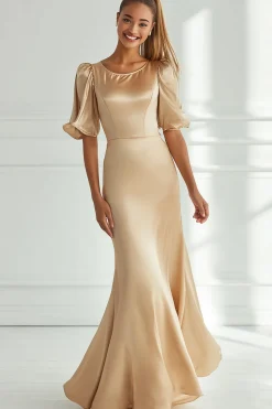 Champagne Sereia Cetim Vestido Formal Longo com Mangas Curtas