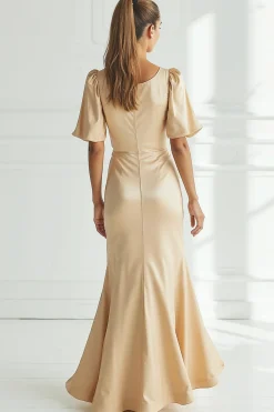 Champagne Sereia Cetim Vestido Formal Longo com Mangas Curtas