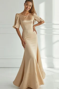 Champagne Sereia Cetim Vestido Formal Longo com Mangas Curtas