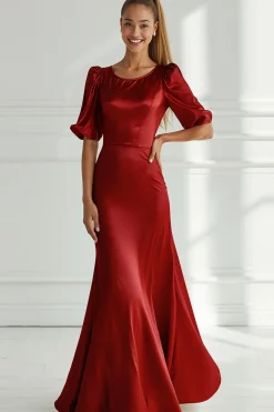 Champagne Sereia Cetim Vestido Formal Longo com Mangas Curtas