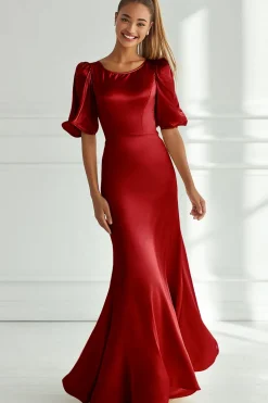 Champagne Sereia Cetim Vestido Formal Longo com Mangas Curtas