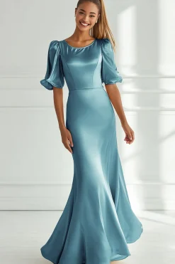 Champagne Sereia Cetim Vestido Formal Longo com Mangas Curtas